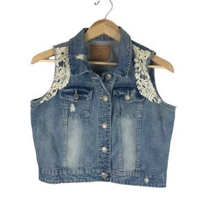 Amethyst Jeans‎ Denim Vest Embellished Button Front Blue Distressed Lace Size Xl
